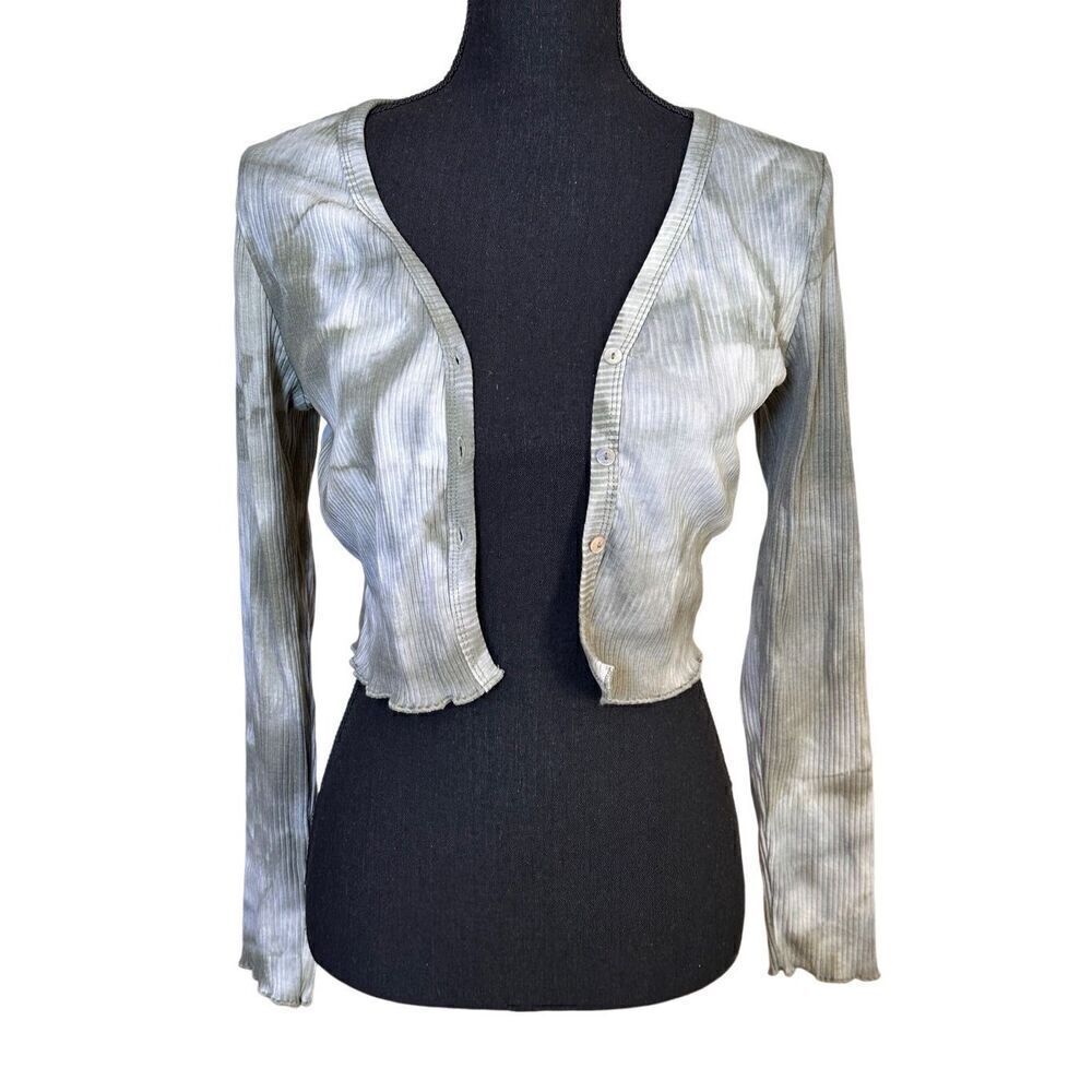 SHEIN Ribbed Olive Green and White Tie-dyed Cropped Long Sleeved Button Front Sh